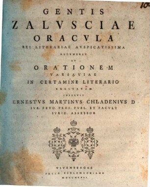 Gentis Zalvsciae Oracvla Rei Literariae Avspicatissima