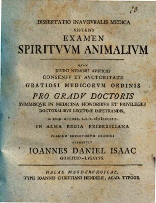 Diss. inaug. med. examen spirituum animalium sistens