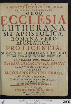 Demonstrationem Solidam Ex Epistola Ad Romanos Quod Ecclesia Lutherana Sit Apostolica, Romana Vero Apostatica