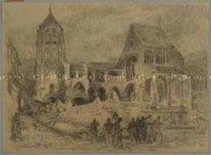 Gruppe deutscher Grenadiere in Beaumont vor einer zerstörten Kirche