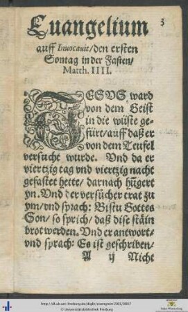 Evangelium auff Invocavit, den ersten Sontag in der Fasten, Matth. IIII