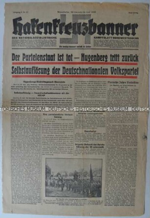 Titelseite der Tageszeitung "Hakenkreuzbanner" mit Leitartikel zur Selbstauflösung der Deutschnationalen Volkspartei (DNVP)