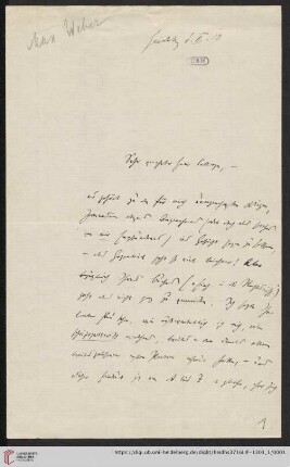 Nachlass Gustav Radbruch. Korrespondenz Max Weber/Gustav Radbruch: Brief von Max Weber an Gustav Radbruch