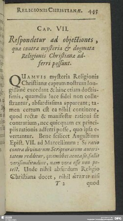 Cap. VII. Respondetur ad objectiones, quae contra mysteria & dogmata Religionis Christinae adferri possunt