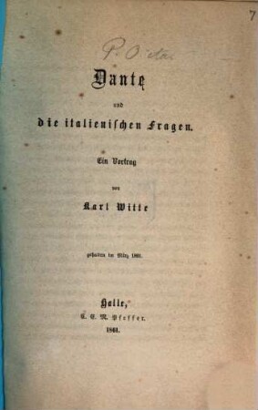 Dante und die italienischen Fragen : ein Vortrag, gehalten im März 1861