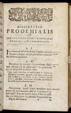 Dissertatio Prooemialis De Iurisprudentiae Criminalis Necessitate Subsidiisque.