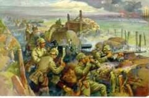 Angreifende Soldaten im Schützengraben