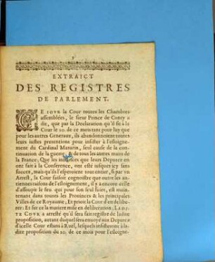 Arrest De La Covr De Parlement, Svr La Proposition Faite Par Monseigneur le Prince de Conty, pour l'éloignement du Cardinal Mazarin : Du 27. Mars 1649.