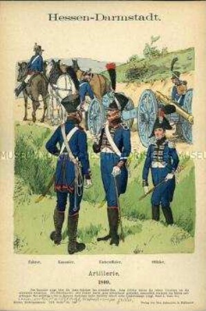 Uniformdarstellung, Fahrer, Kanonier, Unteroffizier und Offizier der Artillerie, Großherzogtum Hessen-Darmstadt, 1809.
