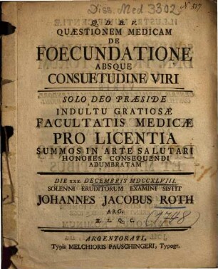 Quaestionem Medicam De Foecundatione Absque Consuetudine Viri
