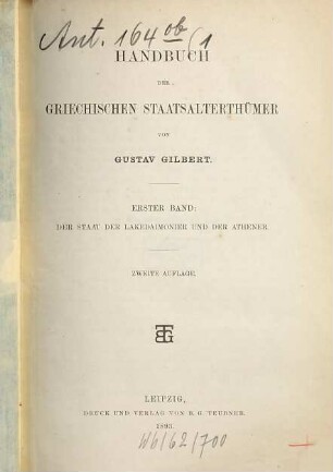 Handbuch der griechischen Staatsalterthümer, 1. Der Staat der Lakedaimonier und der Athener