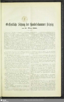 Oeffentliche Sitzung der Handelskammer Leipzig am 21. März 1904