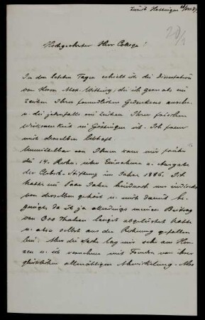 Nr. 9: Brief von Wilhelm Fiedler an Felix Klein, Hottingen , 28.7.1887