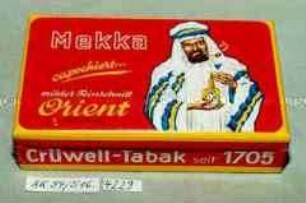 Pappschachtel für 50 Gramm Tabak "Mekka capochiert... milder Feinschnitt Orient Mischung" (Abbildung eines Arabers mit Tabakdose)