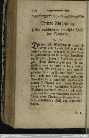 Dritte Abtheilung. Ueber verschiedene practische Theile der Mahlerey (Nr. 16 lt. IV)
