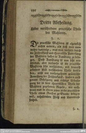 Dritte Abtheilung. Ueber verschiedene practische Theile der Mahlerey (Nr. 16 lt. IV)