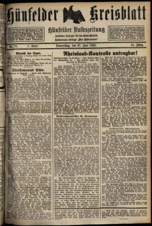 Erste Ausgabe vom Donnerstag, den 27. Juni 1929.