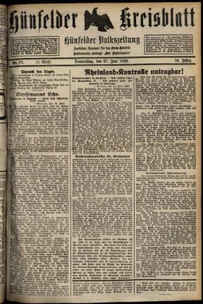 Erste Ausgabe vom Donnerstag, den 27. Juni 1929.
