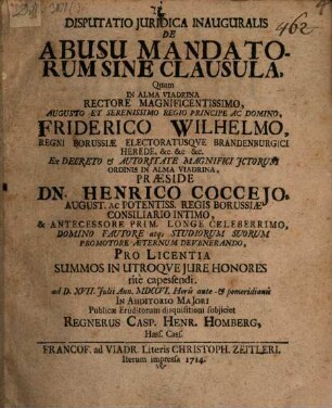 Disputatio Juridica Inauguralis De Abusu Mandatorum Sine Clausula