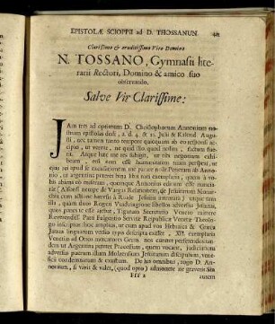Clarißimo & eruditissimo Viro Domino N. Tossano, Gymnasii literrarii Rectori, ...