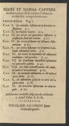 Series Et Summa Capitum, tractatu priori, de Erroribus Testamentorum ...