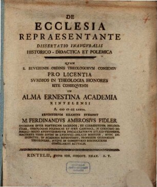 De ecclesia repraesentante dissertatio inauguralis historico-didactica et polemica