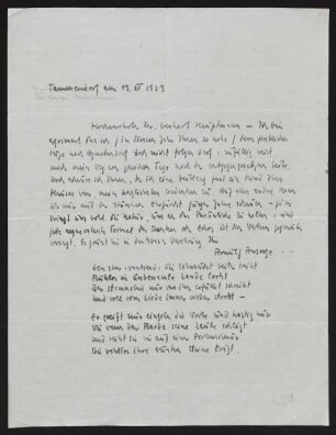 Brief von Arnulf Ansorge an Gerhart Hauptmann