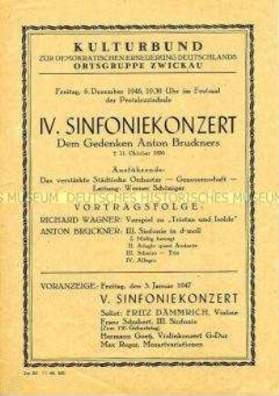 Programmblatt zu einem Sinfoniekonzert zum Gedenken an Anton Bruckner
