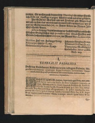 I. Generalis Professio. Doctrinae Ecclesiarum Reformatarum in Regno Poloniae, Magno Ducatu Lithuaniae, annexisque Regni Provinciis, in Conventu Thoruniensi, Anni 1645 ...