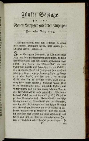 Fünfte Beylage zu den Neuen Leipziger gelehrten Anzeigen. Zum 1sten März 1795.