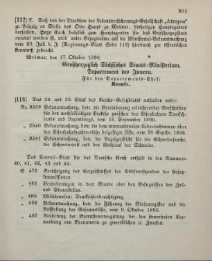 117. Ministerial-Bekanntmachung, betreffend Wechsel in der Hauptagentur der Lebensversicherungs-Gesellschaft "Atropos" zu Leipzig