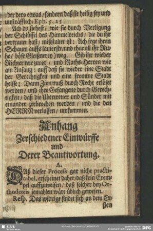 Anhang Zerschiedener Einwürffe und Derer Beantwortung