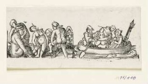 Frauenbad (links), Kahn mit Mönch, Frau und zwei Narren (rechts), Blatt 1 der Folge "Zehn Fragmente eines Kartenspiels"