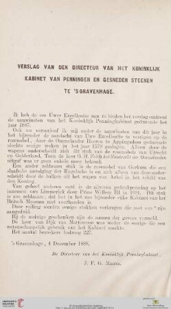 Verslag van den directeur van het Koninklijk Kabinet van Penningen en gesneden Steenen te 'sGravenhage