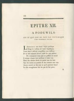 Epitre XII. A Podewils: Sur Ce Que l'On Ne Fait Pas Tout Ce Que L'On Pourrait Faire.