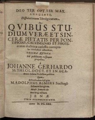 ... Disputationum Theologicarum ... Decima Quinta.