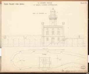 Hafen für Arkona Schinkelwettbewerb 1868: Leuchtturm mit Lotsenhaus auf der Mole: Grundriss, Aufriss Seitenansicht 1:120; Maßstabsleiste