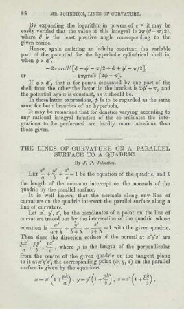The lines of curvature on a parallel surfaces to a quadric.