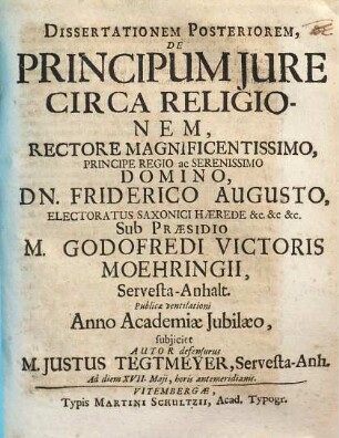 De Principum Iure Circa Religionem, 2. Dissertationem Posteriorem, ...