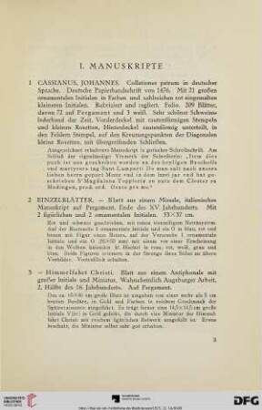 I. Manuskripte (Nr. 1-21a)