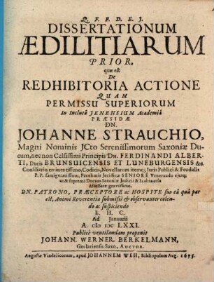 Dissertationum Aedilitiarum Prior, quae est De Redhibitoria Actione