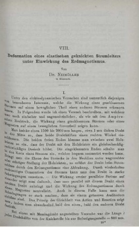 VIII. Deformation eines elastischen geknickten Stromleiters unter Einwirkung des Erdmagnetismus.