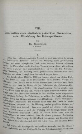 VIII. Deformation eines elastischen geknickten Stromleiters unter Einwirkung des Erdmagnetismus.