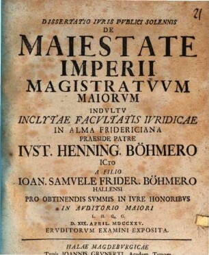Diss. iuris publ. sol. de maiestate imperii magistratuum maiorum