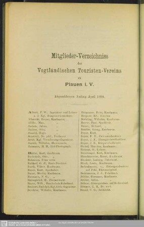Mitglieder-Verzeichniss des Vogtländischen Touristen-Vereins zu Plauen