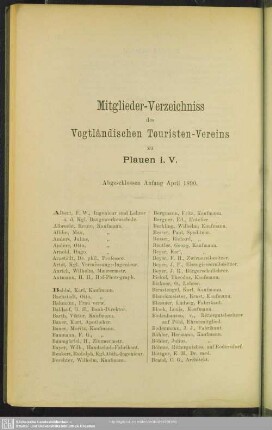 Mitglieder-Verzeichniss des Vogtländischen Touristen-Vereins zu Plauen