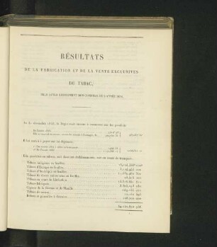Résultats de la fabrication et de la vente exclusives du tabac, tels qu'ils ressortent des comptes de l'année 1854.