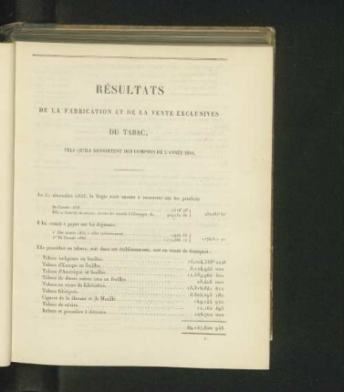 Résultats de la fabrication et de la vente exclusives du tabac, tels qu'ils ressortent des comptes de l'année 1854.