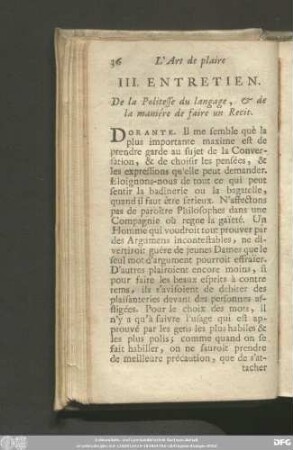 III. Entretien. De la Politesse du langage, & de la maniére de faire un Recit.