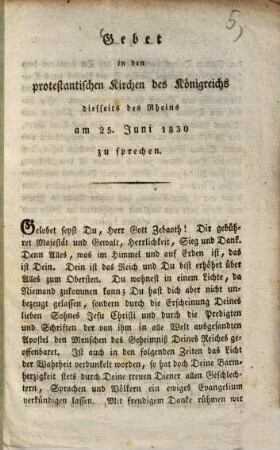 Gebet in den protestantischen Kirchen des Königreichs diesseits des Rheins : am 25. Juni 1830 zu sprechen
